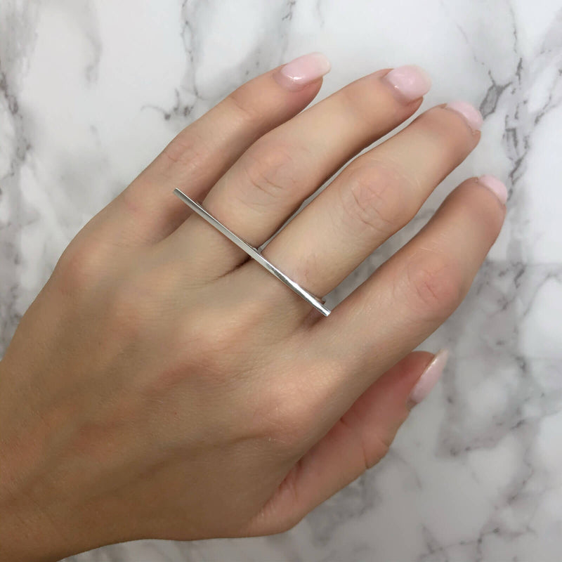 CZ Triple Line Two Finger Ring Silver Adjustable - Eleganzia Jewelry
